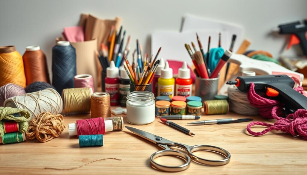A well-lit, close-up studio shot of an assortment of craft making supplies arranged neatly on a clean, uncluttered wooden table. In the foreground, a variety of colorful spools of thread, skeins of yarn, and a pair of sharp scissors. In the middle ground, an array of paintbrushes, acrylic paints in vibrant hues, and a small jar of craft glue. In the background, a few pieces of cardstock, fabric scraps, and other essential tools like a ruler and a hot glue gun. The lighting is soft and diffused, casting gentle shadows and highlighting the textures of the materials. The overall mood is organized, inspiring, and ready for a creative DIY session.