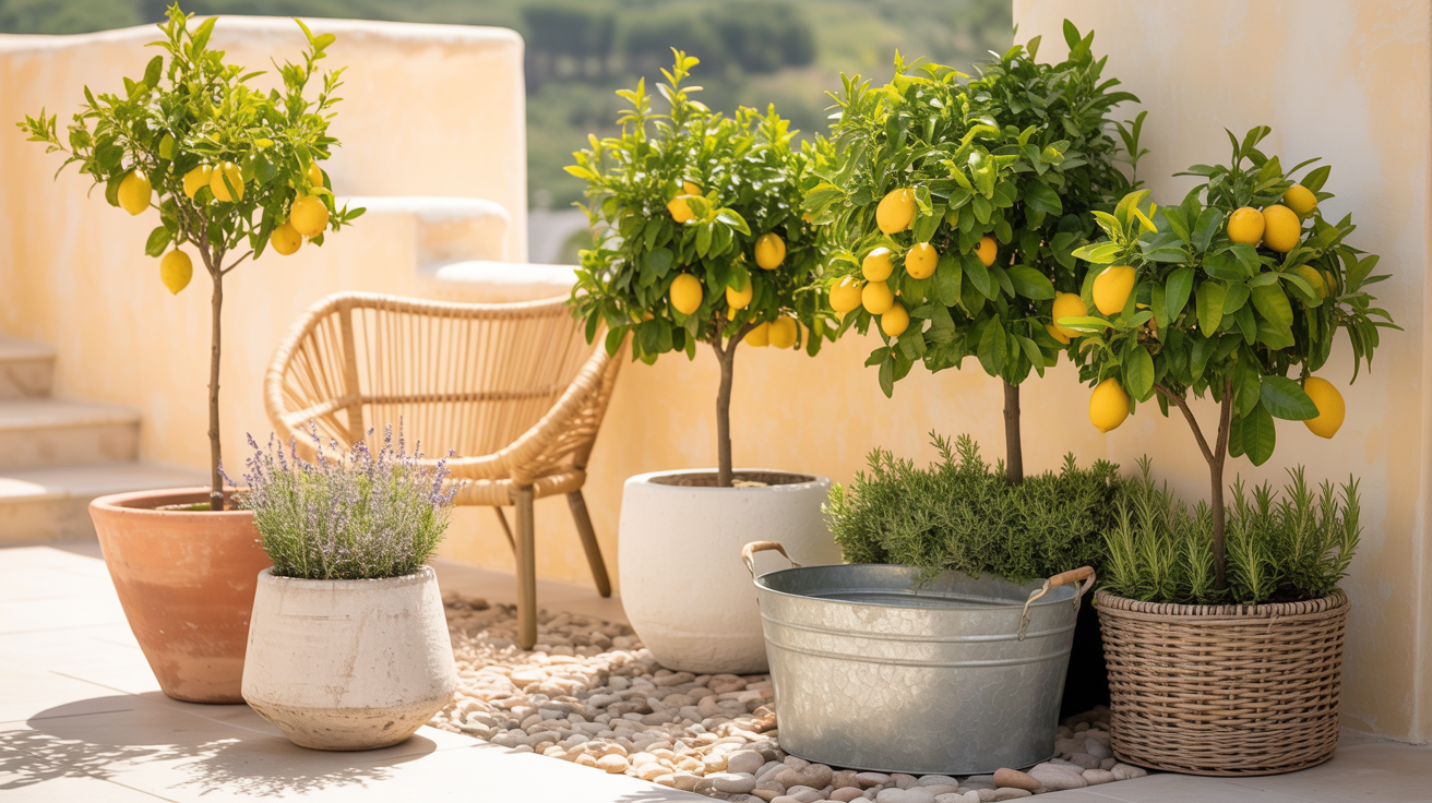 sun drenched lemon trees in various pots on patioi
