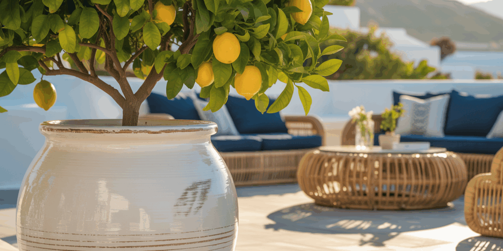 Whitewashed Greek Ceramic Potted Lemon Tree