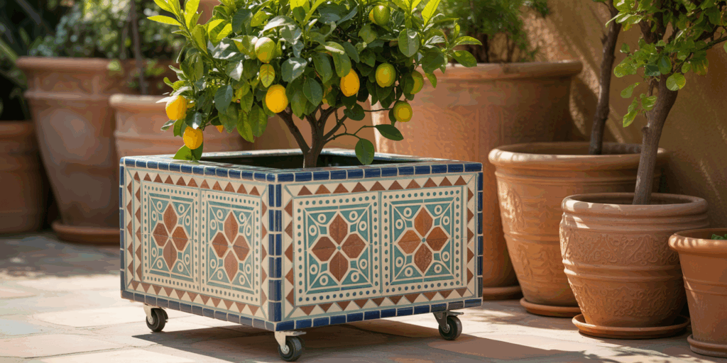 Mosaic-Tiled Planter Box on Wheels