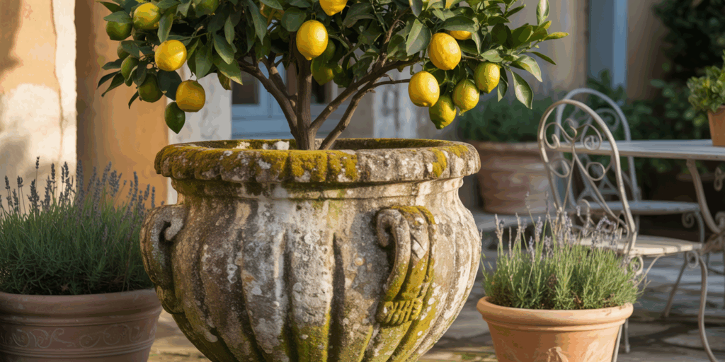Patina-Kissed Stone Urn Potted Lemon Tree
