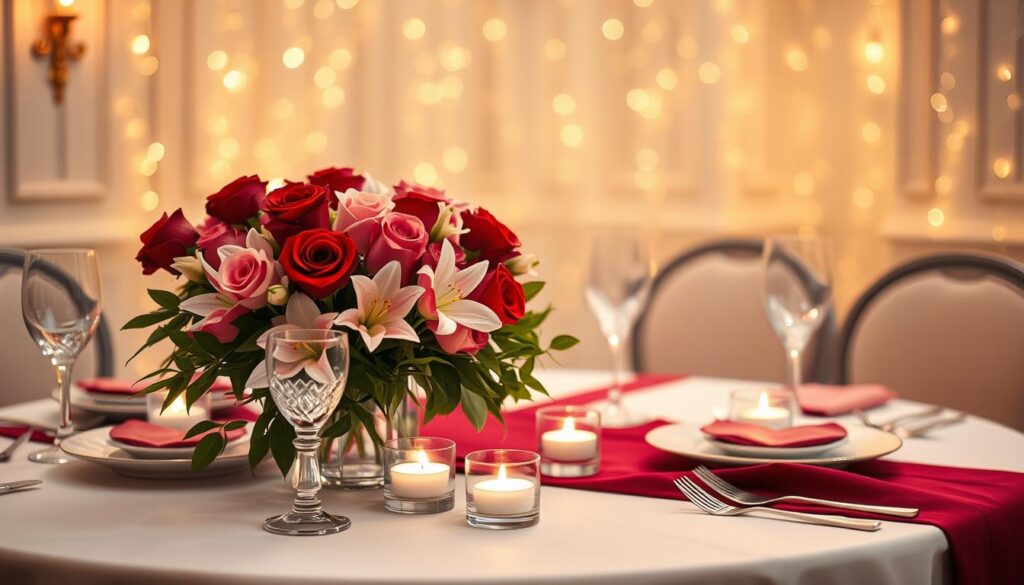 A beautifully arranged Valentine's dinner setup on an elegant table. In the foreground, a romantic centerpiece featuring a bouquet of red and pink roses, accented by delicate white lilies, surrounded by glimmering tealight candles in crystal holders. The middle layer shows a finely set table with heart-shaped plates, polished silverware, and embroidered napkins, all arranged symmetrically. A soft fabric table runner in deep burgundy flows across the table, enhancing the romantic ambiance. In the background, dimly lit fairy lights twinkle above, creating a dreamy atmosphere. Soft, warm lighting bathes the scene, giving it a cozy glow, shot with a shallow depth of field for a captivating focus on the centerpiece. The mood is intimate and enchanting, perfect for a memorable Valentine's Day celebration.
