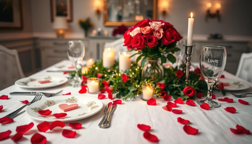 A beautifully arranged love-themed table setting, featuring a elegant white linen tablecloth adorned with delicate red rose petals sprinkled across the surface. In the foreground, two fine china plates with intricate heart designs sit beside polished silver cutlery and crystal glassware reflecting soft candlelight. The centerpiece showcases a bouquet of deep red and soft pink roses in a classic vase, surrounded by flickering, warm candles casting a romantic glow. The middle of the table features a lush runner with sparkling fairy lights woven through greenery, adding a whimsical touch. In the background, an elegantly decorated dining room with soft, ambient lighting and tasteful artwork enhances the loving atmosphere. The scene captures a warm and intimate mood, inviting romance and connection.