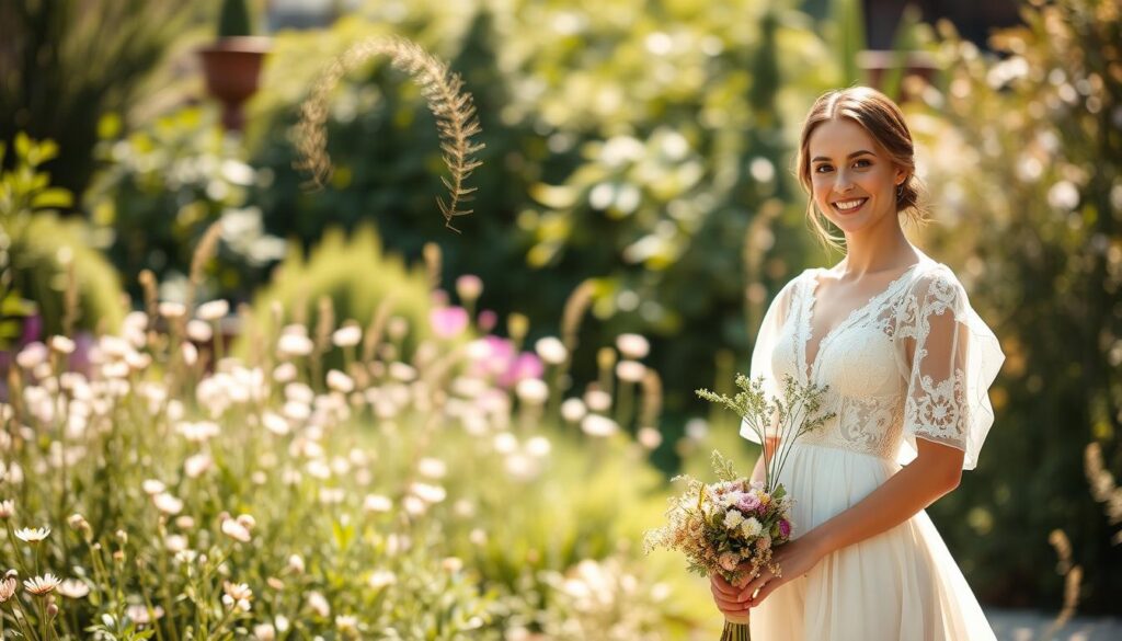 A beautifully designed sustainable bridal gown, crafted from organic cotton and lace, featuring floral embroidery and a flowing silhouette. The dress embodies eco-conscious fashion, accentuated by a natural, earthy color palette with soft greens and whites. In the foreground, a model with a radiant smile wears the gown, styled with minimal makeup and a natural bouquet made of wildflowers. The middle ground showcases a serene garden setting, with lush greenery and delicate flowers, evoking a sense of tranquility. Soft, natural sunlight bathes the scene, creating a warm and inviting atmosphere. Capture this moment with a shallow depth of field, focusing on the intricate details of the gown while gently blurring the background to emphasize the eco-friendly aesthetic of bridal fashion trends for 2026.