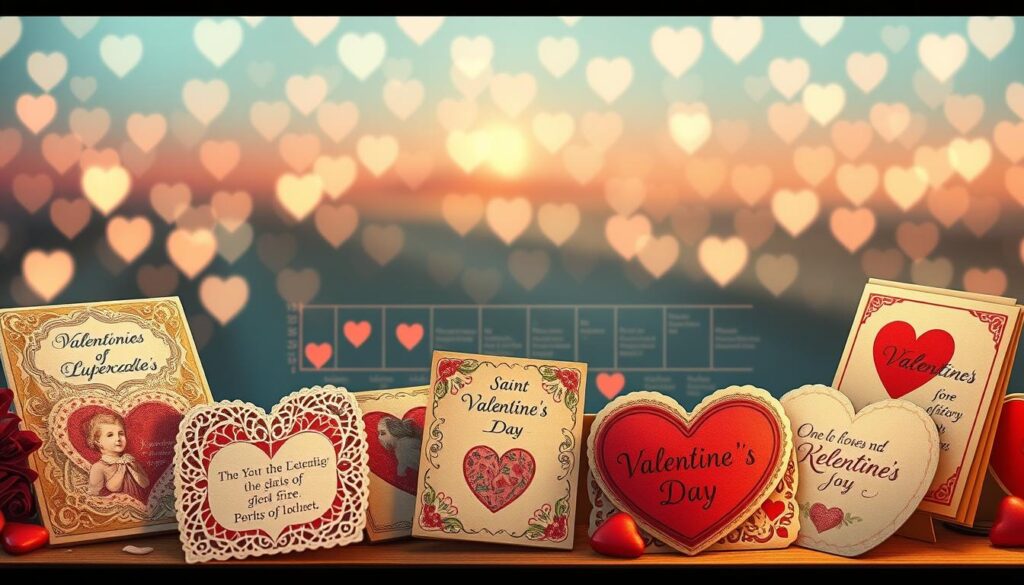A beautifully illustrated scene depicting the evolution of Valentine's Day throughout history. In the foreground, a collection of antique Valentine's cards displaying intricate lace designs and heartfelt messages, showcasing craftsmanship from various eras. The middle ground features a timeline that highlights key moments such as the Roman festival of Lupercalia, the establishment of Saint Valentine’s Day, and modern interpretations, all illustrated with soft, pastel colors. The background features a dreamy, softly lit bokeh effect resembling a romantic evening sky filled with subtle hearts. The atmosphere is nostalgic yet celebratory, evoking warmth and inclusivity, perfect for individuals celebrating love in diverse forms. The lighting should be warm and inviting, creating a harmonious blend of historical and contemporary elements.