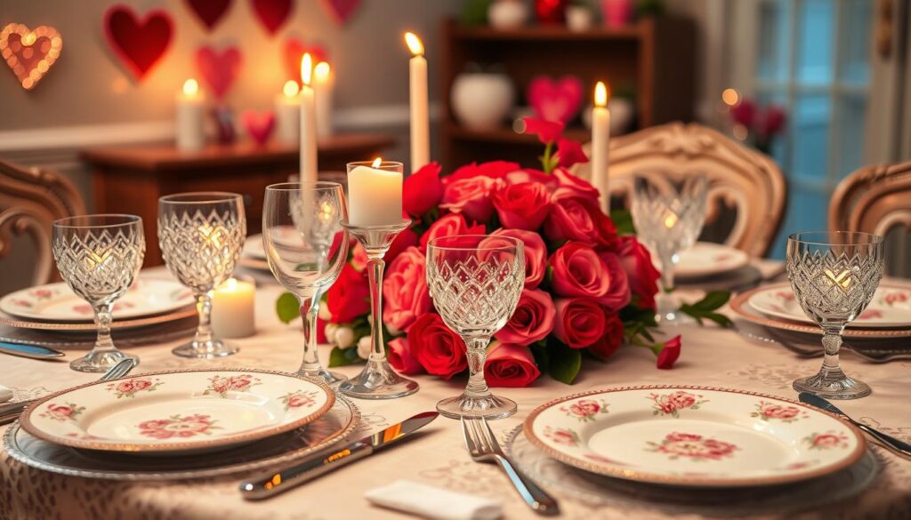A beautifully set Valentine's Day table, featuring elegant place settings that inspire romance. The foreground showcases fine china with delicate floral patterns, sparkling crystal glasses, and polished silverware, all arranged meticulously on a soft, lace tablecloth. The middle layer includes a centerpiece of vibrant red and pink roses surrounded by candles in varied heights, casting a warm, inviting glow. The background fades softly, hinting at a cozy dining area adorned with subtle heart-themed decorations. Use soft, warm lighting to create an intimate atmosphere, captured from a slightly elevated angle to encompass the entire tablescape. The mood is romantic and enchanting, perfect for a special Valentine's Day dinner. No text or distractions present in the image.