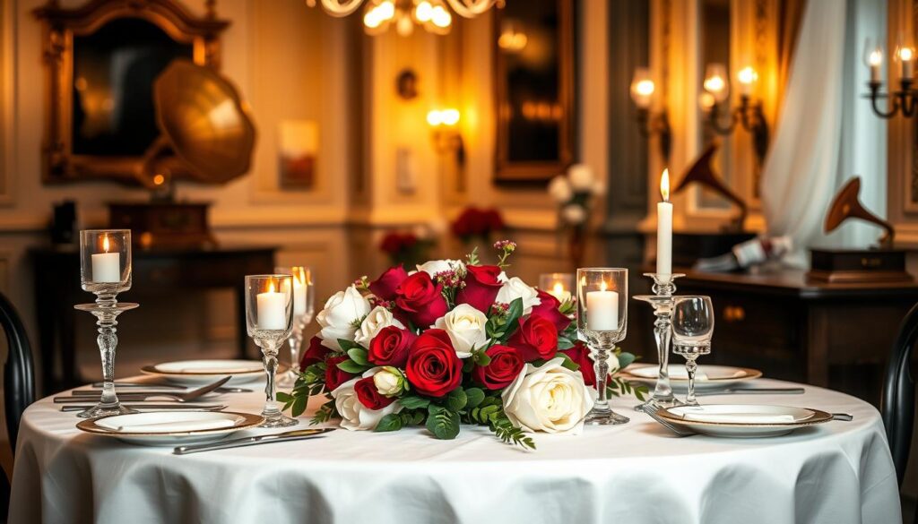 A beautifully set dining table for two in an intimate, romantic setting. In the foreground, a white linen tablecloth drapes over an elegantly decorated table adorned with fine china, crystal glassware, and flickering candlelight from elegant holders. In the middle, a stunning floral centerpiece featuring deep red roses and soft white peonies creates a perfect harmony, surrounded by delicate green foliage. The background reveals a softly lit room with warm golden accents, dancing shadows, and a hint of soft music emanating from a vintage gramophone. The atmosphere is cozy and inviting, with a gentle glow from ornate wall sconces, capturing the essence of romance and celebration. The image is captured from a slightly elevated angle to provide depth and a clear view of the table setting.