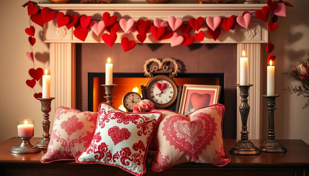 A beautifully styled Valentine's Day mantel decor arrangement, featuring traditional elements like red and pink heart-shaped garlands draped elegantly across the mantel. In the foreground, there are plush decorative pillows with romantic patterns, and a couple of ornate candlesticks holding glowing taper candles. The middle layer showcases a vintage clock and a heart-themed picture frame with a delicate floral arrangement. In the background, a softly lit fireplace provides warmth, with shadows dancing against the wall. The ambiance is intimate and inviting, with warm lighting highlighting the decor elements. The scene should evoke a cozy and romantic atmosphere, perfect for celebrating love. Focus on soft textures and blends of red, pink, and white, capturing the essence of a traditional Valentine's Day theme.