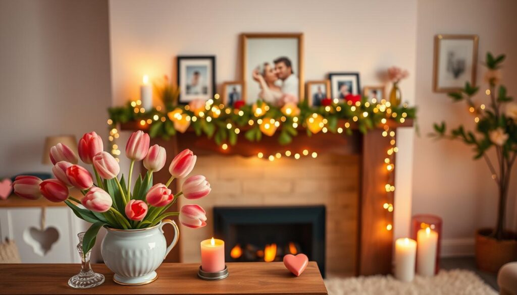 A beautifully styled Valentine's Day mantel decor scene, featuring a warm and inviting hearth. In the foreground, an elegant arrangement of soft pink and red tulips in a vintage vase sits atop the mantel, alongside heart-shaped candles flickering gently. The middle section of the image showcases a lovely garland intertwined with fairy lights, adding a touch of sparkle. A few photo frames with romantic imagery lean against the wall above the mantel. In the background, a cozy living room with soft, ambient lighting creates a relaxed atmosphere, complete with a plush rug and delicate wall art. The overall mood is romantic and festive, capturing the essence of love and warmth, shot at a warm golden hour angle to enhance the inviting feel.