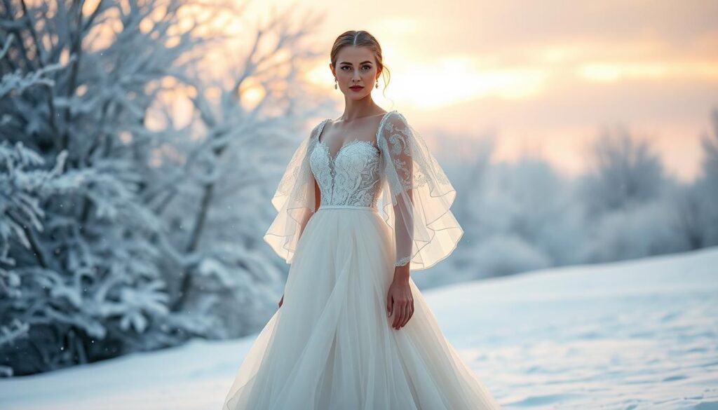 A breathtaking winter wedding dress featuring dramatic statement sleeves, set against a softly lit snowy landscape. The gown has an elegant, fitted bodice that flows into a flowing, layered skirt, accentuating winter-ready silhouettes. The sleeves are oversized and intricately designed with delicate lace and tulle, providing a modern yet timeless touch. The model, dressed in this stunning gown, stands gracefully in the foreground, with snowflakes gently falling around her, creating a romantic atmosphere. The background features frosted trees and a dreamy winter sky, illuminated by a golden hour glow. Capture this scene with a shallow depth of field, using a warm, soft focus to emphasize the beauty of the gown and the enchanting winter setting.
