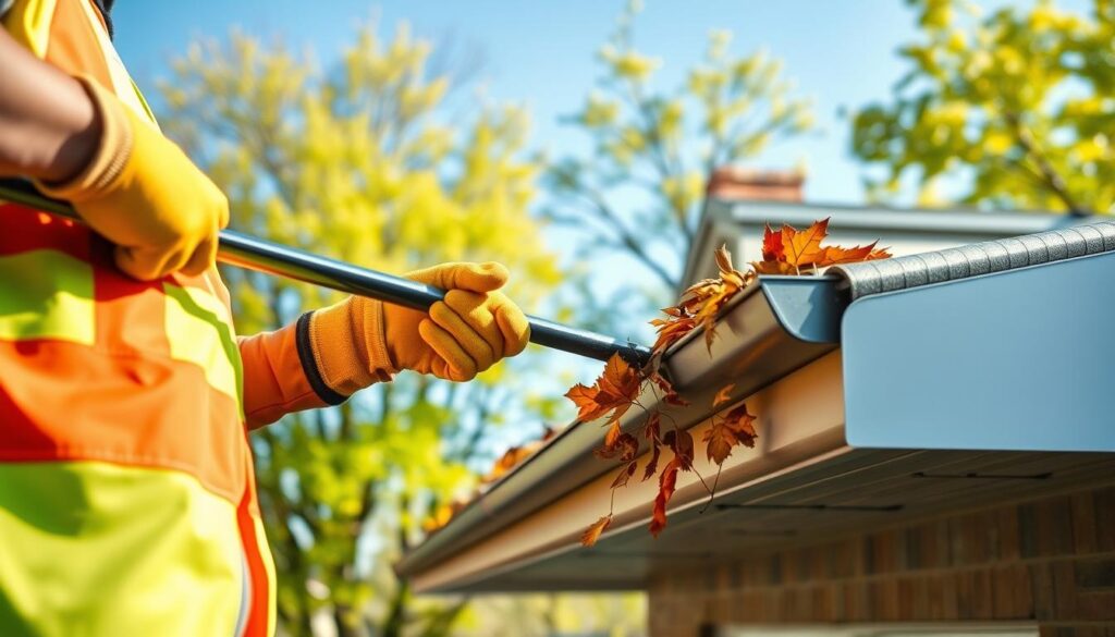 A close-up of a professional wearing a bright safety vest and gloves, using a long pole to clean out a residential gutter filled with autumn leaves and debris. In the foreground, focus on the worker’s hands as they carefully clear away the clutter. The middle ground includes a two-story house with a well-maintained roof, showcasing the gutters along the edges. The background features a clear blue sky signaling spring, with lush green trees blooming in vibrant colors. The overall mood is one of diligence and care, emphasizing the importance of home maintenance. Soft morning light casts gentle shadows, highlighting the details of the gutter and the tools in use.