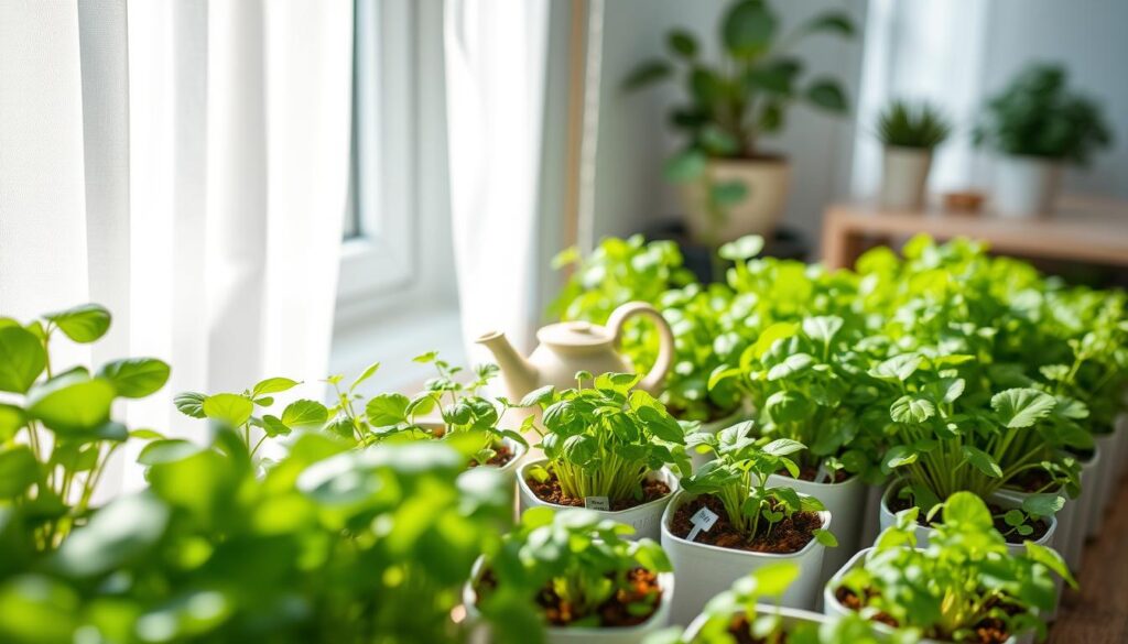 A close-up view of a vibrant assortment of shade-tolerant microgreens, such as basil, cilantro, and mustard greens, thriving in small, stylish containers on a windowsill. The foreground features lush, green leaves delicately illuminated by soft, diffused natural light streaming through sheer white curtains, highlighting their textures and colors. In the middle ground, the microgreens are arranged with small labels indicating their names, while a small watering can made of ceramic sits beside them, hinting at nurturing care. The background shows a blurred view of a serene indoor environment with subtle hints of other houseplants and a light wooden shelf, creating a peaceful, cozy atmosphere. The overall mood reflects the tranquility of indoor gardening in low-light conditions, perfect for urban dwellers.