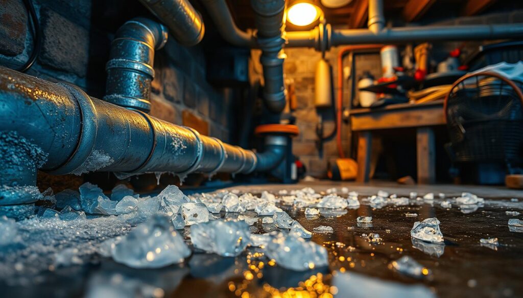 A close-up view of frozen pipes in a dimly lit basement, showcasing severe damage. The pipes are made of galvanized steel with visible cracks and bulges due to frostbite, surrounded by condensation. In the foreground, shards of ice are scattered across the floor, glinting under the warm overhead light. The middle ground features the damaged pipes emerging from the wall, with cold blue tones contrasting against the warm amber glow. The background shows a cluttered workbench strewn with plumbing tools and materials, adding to the atmosphere of neglect. The overall mood conveys the urgency and peril of winter plumbing issues, emphasizing the importance of pipe insulation. A close-up view of frozen pipes in a dimly lit basement, showcasing severe damage. The pipes are made of galvanized steel with visible cracks and bulges due to frostbite, surrounded by condensation. In the foreground, shards of ice are scattered across the floor, glinting under the warm overhead light. The middle ground features the damaged pipes emerging from the wall, with cold blue tones contrasting against the warm amber glow. The background shows a cluttered workbench strewn with plumbing tools and materials, adding to the atmosphere of neglect. The overall mood conveys the urgency and peril of winter plumbing issues, emphasizing the importance of pipe insulation.