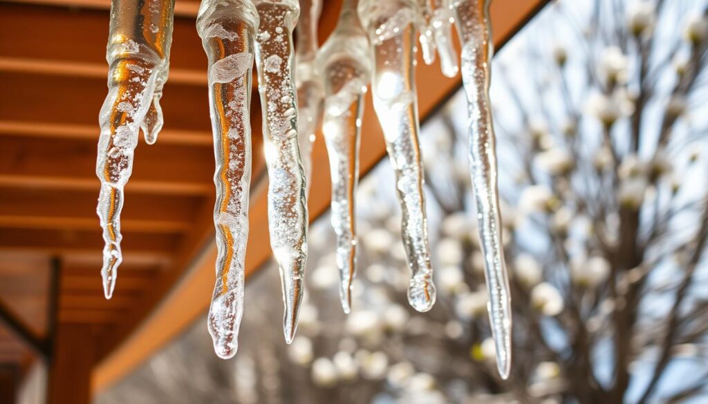 A close-up view of unique, naturally formed icicles hanging from a wooden eave, showcasing various sizes and shapes, some sharp and pointed while others are thick and rounded. The foreground features a single, prominent icicle with sunlight glinting off its icy surface, creating shimmering highlights. In the middle ground, additional icicles extend gracefully, each reflecting the sunlight, contrasting the warm hues of the surrounding wood. The background depicts a softly blurred scene of a spring day, with budding greenery hinting at the seasonal change, casting a gentle, inviting atmosphere. The lighting is bright and natural, resembling the clarity of mid-morning sun, with a shallow depth of field to emphasize the intricate details of the icicles, creating a crisp and clear focus.
