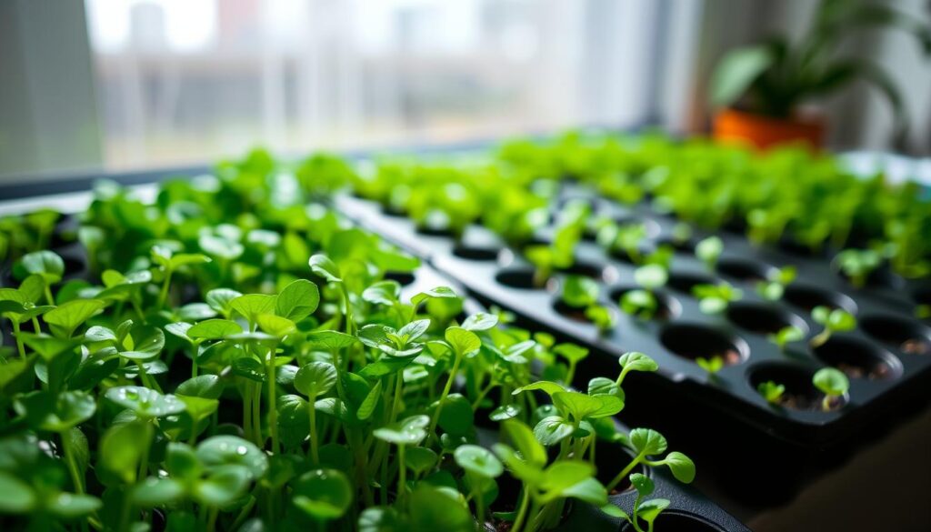 A close-up view of vibrant microgreens thriving in low-light conditions on a well-lit windowsill. The foreground features lush, delicate sprouts of radish and pea microgreens, glistening with tiny droplets of nourishment. In the middle ground, an assortment of seedling trays with varying shades of green are arranged neatly, highlighting their intricate leaf structures. The background showcases a softly blurred view of a home environment with light filtering gently through sheer curtains, creating a warm and inviting atmosphere. The overall lighting is dim yet cozy, accentuating the resilience of these greens. Use a shallow depth of field to draw attention to the foreground microgreens, evoking a peaceful and nurturing vibe suitable for indoor gardening.