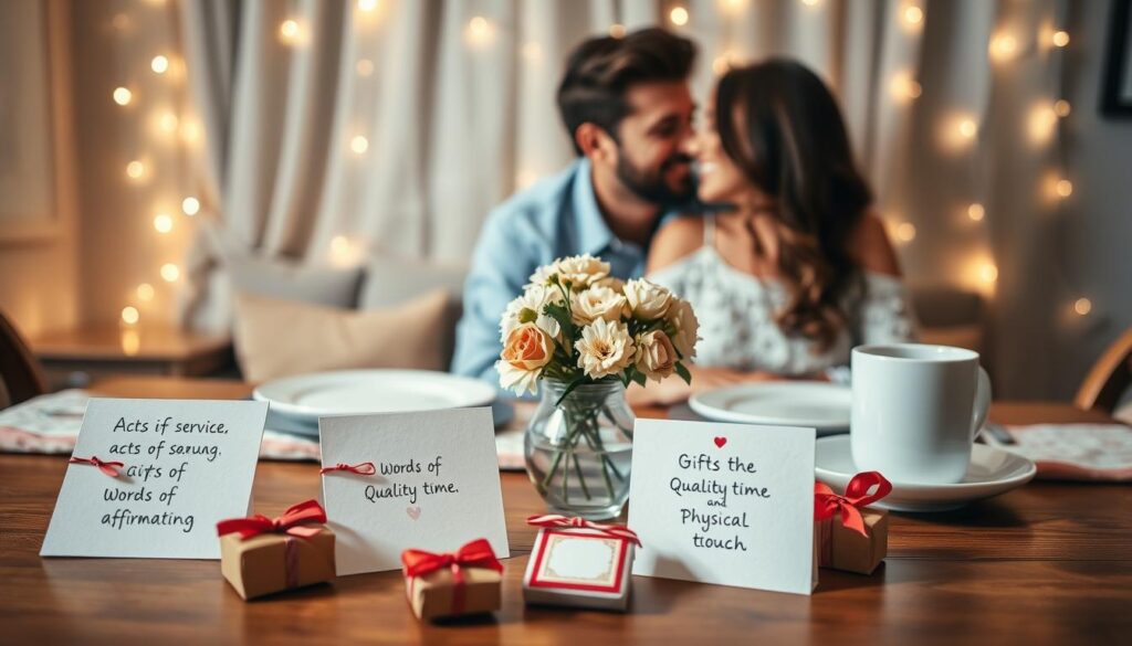 A cozy and intimate setting for a personalized love language celebration, featuring a beautifully decorated table set for two. In the foreground, there are handwritten love notes and small gifts representing different love languages: acts of service, words of affirmation, gifts, quality time, and physical touch. In the middle ground, a couple, dressed in casual yet elegant attire, shares a heartfelt moment, exchanging smiles and glances filled with affection. The background is softly lit with fairy lights, creating a warm and inviting atmosphere. A vase of fresh flowers adds a touch of romance. The scene captures a sense of connection and joy, with soft focus applied to emphasize the couple's expressions of love.