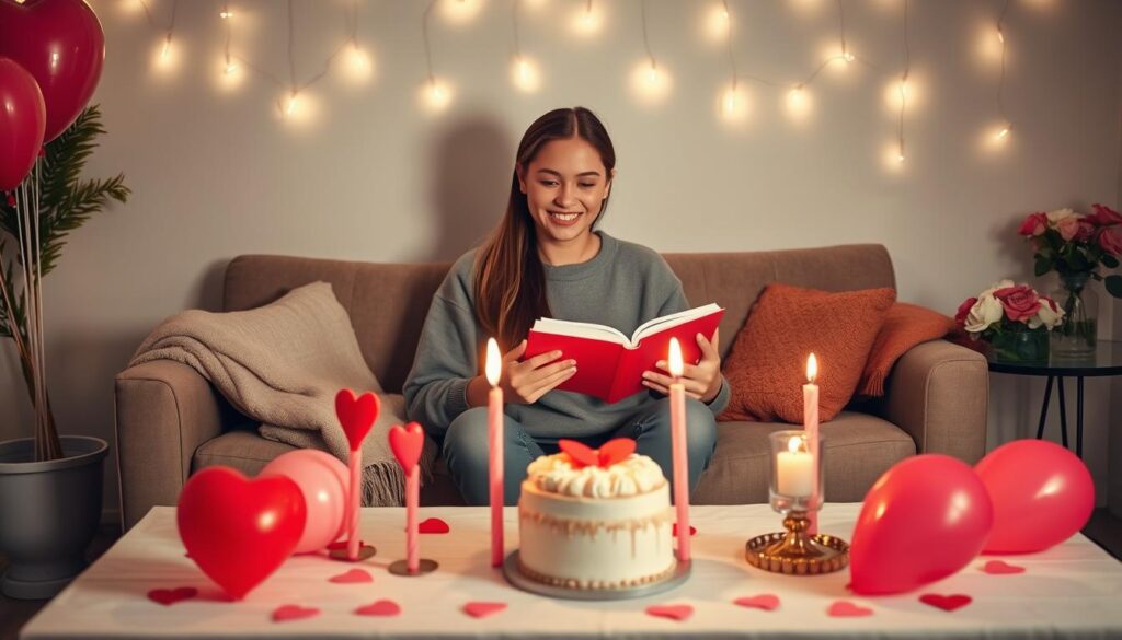 A cozy and inviting solo Valentine's Day celebration set in a softly lit living room. In the foreground, a beautifully decorated table adorned with heart-shaped balloons, pink and red candles, and a small cake with delicate frosting. A plush sofa is draped with a warm throw blanket, and on a nearby side table, a bouquet of fresh flowers adds a splash of color. In the middle, a cheerful young adult in modest casual clothing sits relaxed, smiling as they enjoy a delightful meal and read a book, embodying a sense of peace and contentment. The background features soft fairy lights gracefully hung, casting a warm glow that enhances the romantic atmosphere. The overall mood is serene, joyful, and empowering, capturing the essence of celebrating love for oneself.