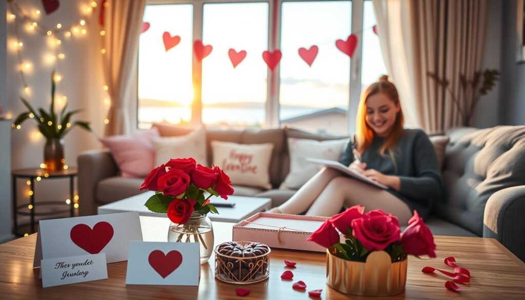 A cozy, inviting scene showcasing creative Valentine's Day ideas for singles. In the foreground, a beautifully set table with personalized heart-shaped cards, a selection of gourmet chocolates, and a small vase of vibrant red roses. In the middle, a comfortable living room decorated with soft fairy lights, pastel-colored cushions, and a festive banner with heart motifs. In the background, there’s a large window overlooking a serene sunset, bathing the room in warm golden light. A person in modest casual clothing sits on the couch, smiling while working on a self-care activity like journaling or crafting. The atmosphere is uplifting and cheerful, promoting a sense of joy and self-love, with a focus on celebrating individuality.
