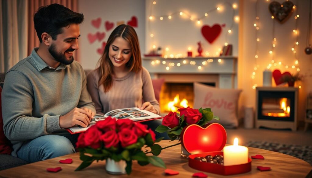 A cozy living room scene celebrating Valentine's Day traditions. In the foreground, a couple, both wearing modest casual clothing, create a scrapbook filled with photos and memories, surrounded by heart-shaped decorations. The middle ground features a table adorned with a lovely bouquet of red roses, chocolates in a heart-shaped box, and a lit candle casting a warm glow. The background showcases a softly lit fireplace with flickering flames, and romantic fairy lights hanging on the walls. The atmosphere is intimate and inviting, with warm colors like soft pinks and reds enhancing the mood. Use a warm, natural lighting effect to evoke a sense of love and nostalgia, captured with a soft focus lens.