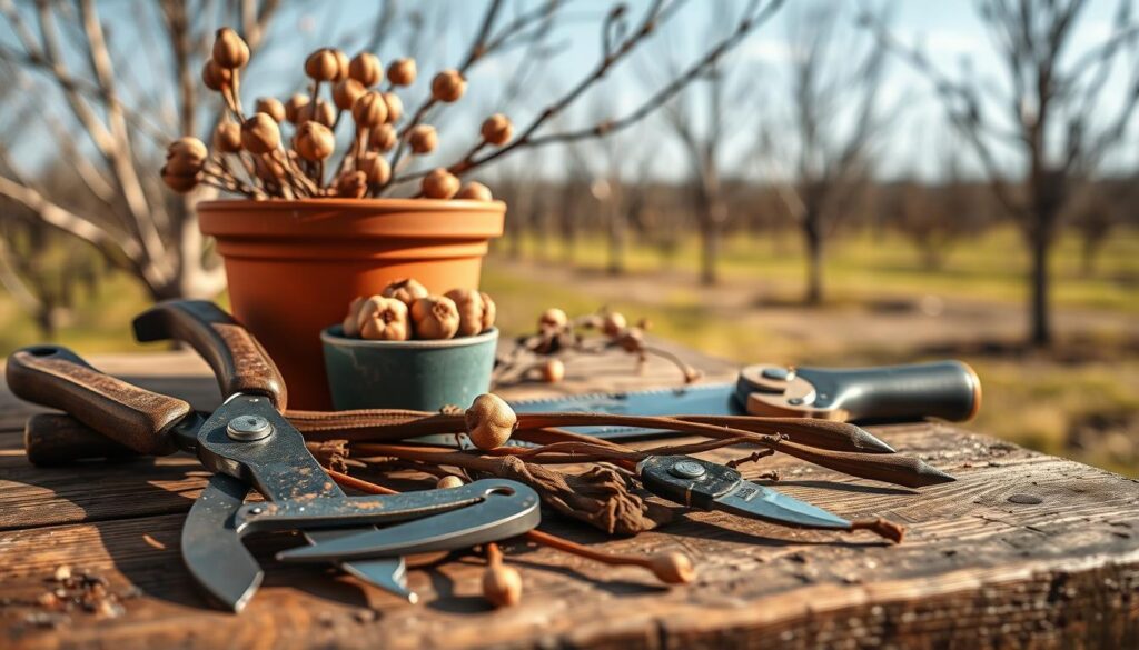A detailed arrangement of fruit tree pruning tools set on a rustic wooden workbench. In the foreground, showcase high-quality pruning shears with shiny blades, a lopper, and a handsaw, all neatly arranged with a few cut branches beside them. The middle ground features a pot of dormant fruit tree buds, indicating the season of winter pruning. In the background, a soft focus of an orchard can be seen, with bare fruit trees under a clear blue sky. Use warm, natural lighting to enhance the textures of the tools and bench, creating a cozy, inviting atmosphere. The lens should capture a shallow depth of field, focusing on the tools while gently blurring the orchard. Aim for a professional and practical mood that reflects preparation and care.