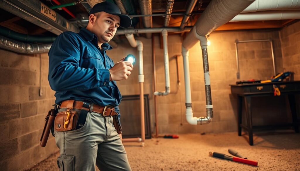 A detailed plumbing inspection scene in a residential basement, focusing on a plumber inspecting exposed pipes. In the foreground, a professional plumber dressed in a blue shirt and tool belt, holding a flashlight to highlight potential vulnerabilities in the pipes. In the middle ground, several sections of insulated and uninsulated pipes are visible, showcasing the contrast and the importance of insulation. The background features a well-organized workspace with tools neatly arranged on a work table. Soft, warm lighting illuminates the scene, creating a cozy atmosphere that hints at home improvement. The angle is slightly low, emphasizing the plumber’s focused expression and the intricate details of the pipes, capturing the essence of identifying plumbing weaknesses. A detailed plumbing inspection scene in a residential basement, focusing on a plumber inspecting exposed pipes. In the foreground, a professional plumber dressed in a blue shirt and tool belt, holding a flashlight to highlight potential vulnerabilities in the pipes. In the middle ground, several sections of insulated and uninsulated pipes are visible, showcasing the contrast and the importance of insulation. The background features a well-organized workspace with tools neatly arranged on a work table. Soft, warm lighting illuminates the scene, creating a cozy atmosphere that hints at home improvement. The angle is slightly low, emphasizing the plumber’s focused expression and the intricate details of the pipes, capturing the essence of identifying plumbing weaknesses.