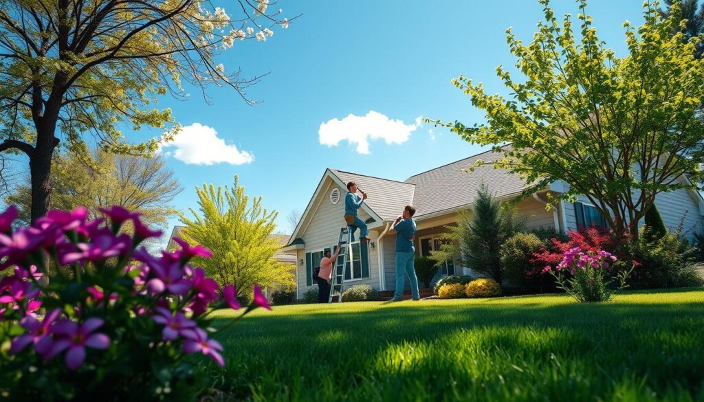 A picturesque spring scene showcasing a charming suburban home under a clear blue sky, with vibrant blooming flowers and freshly green grass in the foreground. In the middle ground, a homeowner in casual work attire is diligently cleaning the gutters with a ladder, while another person inspects the house siding for wear and tear. Lush trees surround the property, casting gentle shadows on the yard, and a soft sunlight bathes the scene, creating a warm, inviting atmosphere. In the background, a few fluffy clouds float by, completing the serene setting. The angle is slightly elevated, offering a comprehensive view of the home's exterior and the ongoing maintenance work, highlighting the importance of spring upkeep in transitions from winter to spring.