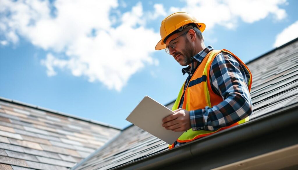 A professional roofer inspecting a residential roof during daylight, focusing on the condition of shingles and gutters. In the foreground, the roofer, dressed in a safety helmet and a bright safety vest, carefully examines a specific area of the roof with a clipboard in hand. The middle ground features a sloped roof with a mixture of asphalt shingles, some wearing and tear visible. In the background, a clear blue sky with a few fluffy clouds hinting at the spring season. The light is bright and vivid, illuminating the details of the roof. The scene conveys a sense of diligence and care, capturing the importance of assessing the roof for any winter damage before spring rains.
