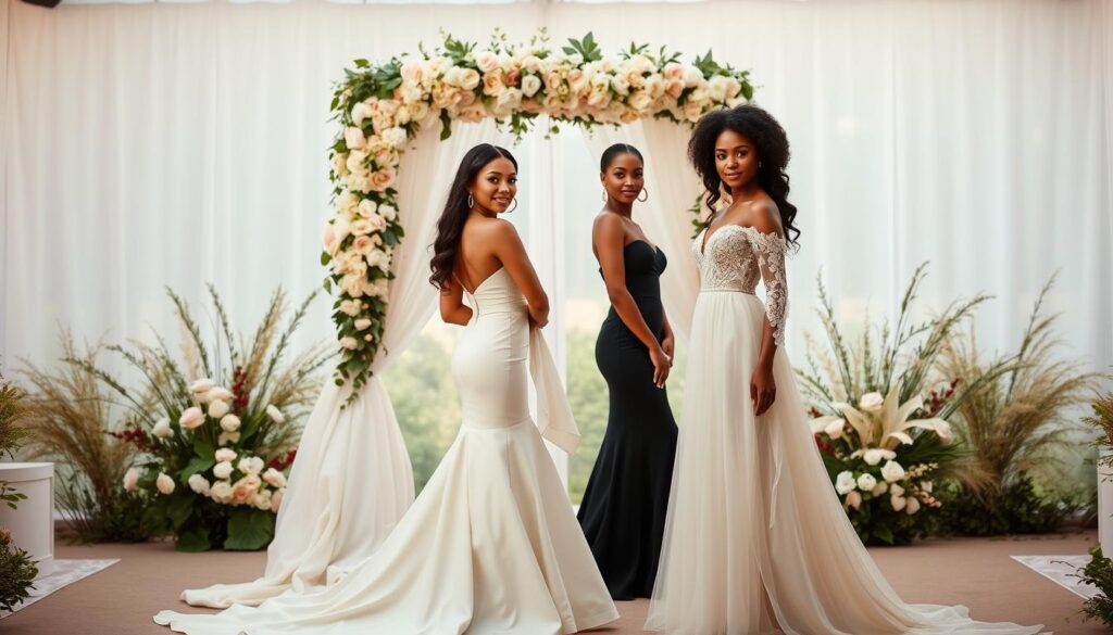 A radiant bridal fashion showcase for 2026, featuring a diverse lineup of elegant gowns in various styles and silhouettes. In the foreground, three brides of different ethnicities pose gracefully, each wearing a unique gown: one in a classic A-line with intricate lace, another in a modern, asymmetrical design with minimalistic embellishments, and the last in a soft, flowing bohemian dress adorned with floral details. The middle ground presents a beautifully decorated floral arch and soft drapery, creating a romantic atmosphere. Delicate pastel lighting bathes the scene, enhancing the dreamy mood. In the background, an ethereal garden setting with softly blurred greenery adds depth. Capture this moment with a slightly elevated angle to highlight the intricate details of the gowns and the captivating ambiance of a future bridal trend.