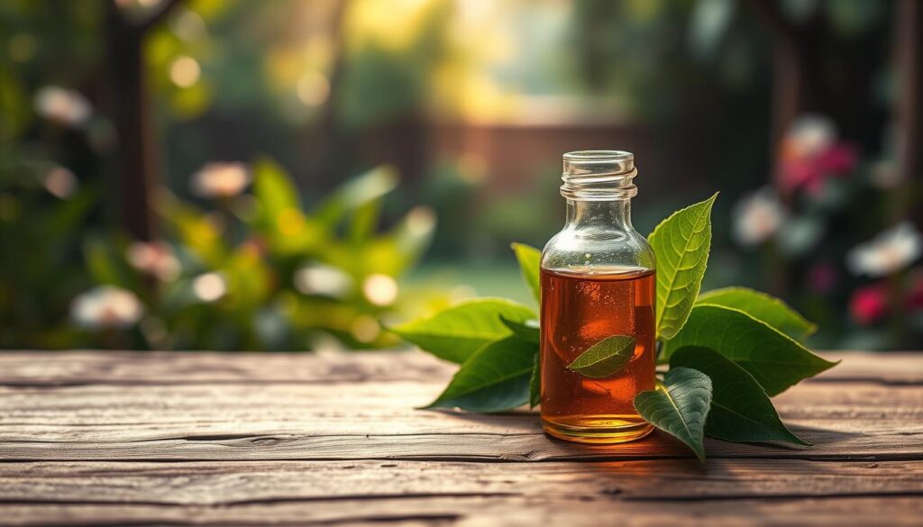 A rustic wooden table serves as the foreground, elegantly showcasing a small, vintage glass bottle filled with golden-brown natural patchouli essential oil, droplets forming on the outer surface. Surrounding the bottle are fresh, green patchouli leaves, their rich texture contrasting with the smooth glass. In the middle ground, a soft, ambient light filters through, casting gentle shadows and highlighting the earthy tones of the wood. The background blurs softly, suggesting a tranquil garden filled with lush greenery and hints of exotic flowers, creating an aura of ancient origins and natural beauty. The overall mood is serene and inviting, evoking the rich history and aromatic depth of patchouli oil, with a warm color palette that enhances the tranquility of the scene.