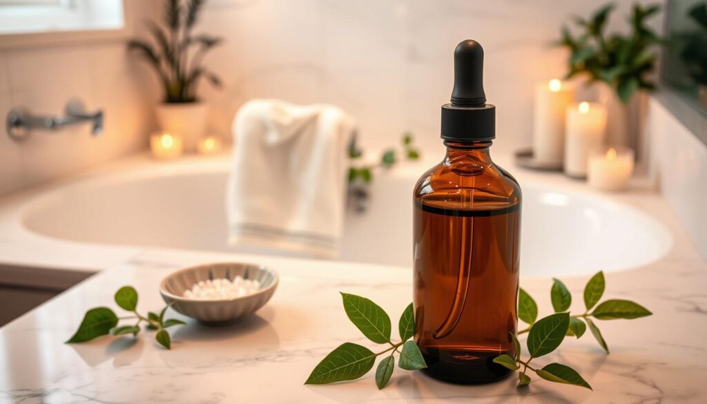 A serene bathroom scene featuring eucalyptus oil as the focal point. In the foreground, a stylish glass bottle of eucalyptus oil with a dropper sits elegantly on a white marble countertop, surrounded by fresh eucalyptus leaves and a small, elegant dish with bath salts. In the middle, a soft, fluffy towel drapes over the edge of a luxurious bathtub, with a few eucalyptus leaves scattered artfully. The background features a softly lit bathroom with calming pastel colors, decorative plants, and gently glowing candles, creating a tranquil atmosphere. Utilize warm, diffused lighting to enhance the soothing qualities of the image, shot at a slightly elevated angle to capture both the countertop details and the inviting ambiance of the bathroom.