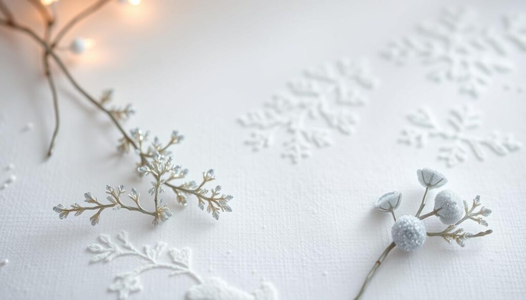 A serene, frost-inspired color palette displayed artistically on a textured white surface. The foreground features delicate frosty accents such as crystals, shimmering silver, soft periwinkle, pale mint, and gentle lilac, arranged in an elegant composition. In the middle ground, subtle gradients blend these colors seamlessly, evoking a sense of winter magic. The background consists of soft-focus, snowy patterns that enhance the cool, tranquil atmosphere, with soft, diffused lighting casting a gentle glow. The image captures a dreamy and modern bridal aesthetic, perfect for a January wedding theme, reflecting elegance and a fresh departure from traditional white. The composition should be balanced and artful, with no textual elements or distractions.