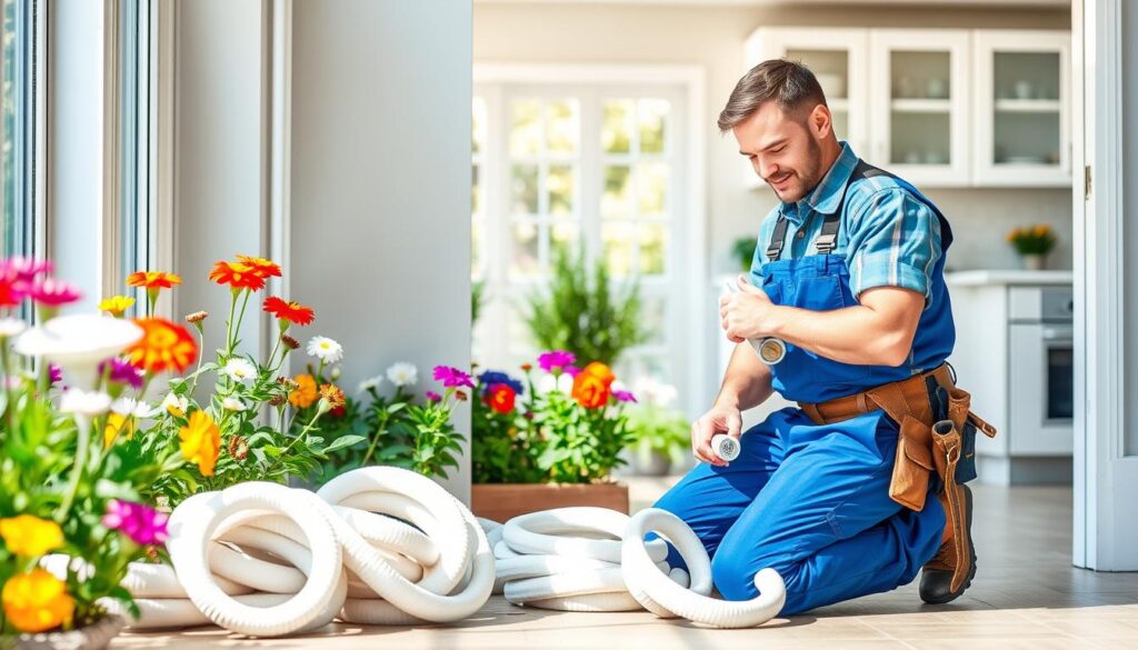 A serene home environment during spring, showcasing a vibrant garden blooming with colorful flowers in full sunlight. In the foreground, a professional plumber, dressed in a neat blue jumpsuit and a tool belt, kneels next to an open access panel to inspect pipes, carefully handling insulation material. Beside him, neatly coiled tubes of pipe insulation are arranged, emphasizing the importance of spring plumbing maintenance. In the middle ground, a clean, sunlit kitchen is visible through a large window, with fresh greenery just outside, suggesting renewal and preparation for warmer months. The overall ambiance is cheerful and proactive, capturing the essence of springtime home care, with natural light illuminating the scene and creating a sense of clarity and optimism. A serene home environment during spring, showcasing a vibrant garden blooming with colorful flowers in full sunlight. In the foreground, a professional plumber, dressed in a neat blue jumpsuit and a tool belt, kneels next to an open access panel to inspect pipes, carefully handling insulation material. Beside him, neatly coiled tubes of pipe insulation are arranged, emphasizing the importance of spring plumbing maintenance. In the middle ground, a clean, sunlit kitchen is visible through a large window, with fresh greenery just outside, suggesting renewal and preparation for warmer months. The overall ambiance is cheerful and proactive, capturing the essence of springtime home care, with natural light illuminating the scene and creating a sense of clarity and optimism.