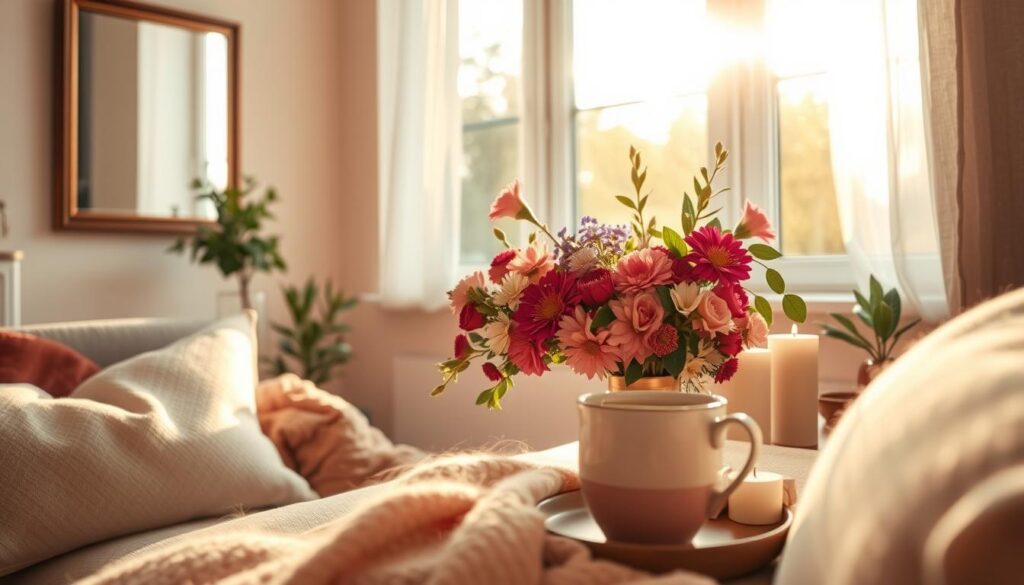 A serene, inviting space depicting a self-love ritual for Valentine's Day. In the foreground, a cozy reading nook is adorned with soft cushions and a warm blanket, a steaming mug of herbal tea resting on a side table. In the middle, a large window bathes the room in golden afternoon sunlight, illuminating a beautifully arranged bouquet of vibrant flowers and candles. The background features soft, pastel-colored walls with framed mirrors reflecting a peaceful ambiance. A small indoor plant adds a touch of nature. The atmosphere is tranquil and nurturing, encouraging moments of self-reflection and relaxation. Emphasize a cozy, intimate feel with soft focus around the edges, highlighting the warmth and comfort of embracing self-love during this special day.