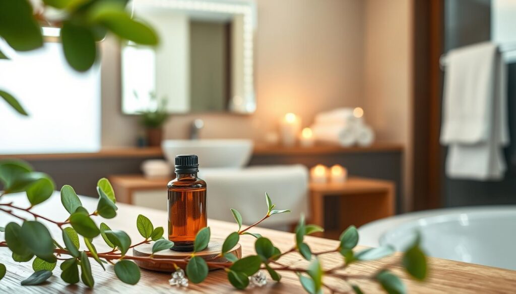A serene spa bathroom scene featuring a beautifully arranged eucalyptus oil bottle sitting on a natural wood countertop. In the foreground, delicate green eucalyptus leaves frame the bottle, creating a fresh, calming ambiance. The middle ground showcases a softly lit mirror and elegantly folded white towels that suggest luxury and relaxation. The background reveals a hint of a sleek bathtub, accented with flickering candlelight that casts a warm glow. Bright natural light filters in through a frosted window, enhancing the tranquil atmosphere. Capture the image with a shallow depth of field to focus on the eucalyptus oil while maintaining a blurring effect on the surroundings. The overall mood should evoke a sense of peace and rejuvenation, perfect for modern bathroom aesthetics.