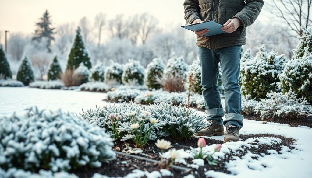 A serene winter garden care assessment scene, focusing on a vibrant landscape in January. In the foreground, a professional gardener in modest casual clothing examines snow-dusted plants and soil with a clipboard, showcasing attention to detail. The middle ground features an array of dormant perennial beds bordered by elegant evergreen shrubs, while some frosty, delicate flowers peek through the snow. In the background, soft, muted winter trees rise against a pastel sky, suggesting the promise of spring. The lighting is soft and diffused, creating a tranquil atmosphere, and the angle is slightly elevated, providing a comprehensive view of the garden’s layout. The overall mood is calm and focused, emphasizing preparation for the blooming season ahead. A serene winter garden care assessment scene, focusing on a vibrant landscape in January. In the foreground, a professional gardener in modest casual clothing examines snow-dusted plants and soil with a clipboard, showcasing attention to detail. The middle ground features an array of dormant perennial beds bordered by elegant evergreen shrubs, while some frosty, delicate flowers peek through the snow. In the background, soft, muted winter trees rise against a pastel sky, suggesting the promise of spring. The lighting is soft and diffused, creating a tranquil atmosphere, and the angle is slightly elevated, providing a comprehensive view of the garden’s layout. The overall mood is calm and focused, emphasizing preparation for the blooming season ahead.