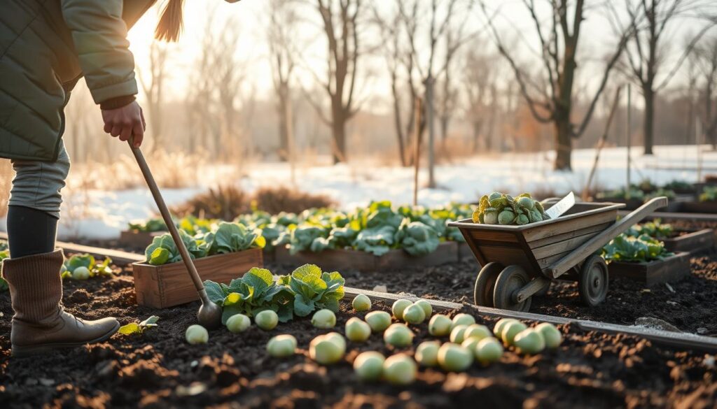 A serene winter garden scene in January, showcasing essential gardening tasks for early spring preparation. In the foreground, a gardener wearing comfortable, weather-appropriate clothing tends to soil, planting seeds in neat rows. There’s a small wooden wheelbarrow filled with gardening tools and vibrant seedlings nearby. The middle ground features a variety of winter vegetables like kale and brussels sprouts thriving in raised beds, surrounded by frost-kissed foliage. In the background, bare trees stand against a gentle winter sky, letting soft sunlight filter through, creating a warm and hopeful atmosphere. The overall composition should have a natural, peaceful mood, captured with a soft-focus lens to enhance the sense of tranquility and anticipation for blooming flowers in spring. A serene winter garden scene in January, showcasing essential gardening tasks for early spring preparation. In the foreground, a gardener wearing comfortable, weather-appropriate clothing tends to soil, planting seeds in neat rows. There’s a small wooden wheelbarrow filled with gardening tools and vibrant seedlings nearby. The middle ground features a variety of winter vegetables like kale and brussels sprouts thriving in raised beds, surrounded by frost-kissed foliage. In the background, bare trees stand against a gentle winter sky, letting soft sunlight filter through, creating a warm and hopeful atmosphere. The overall composition should have a natural, peaceful mood, captured with a soft-focus lens to enhance the sense of tranquility and anticipation for blooming flowers in spring.