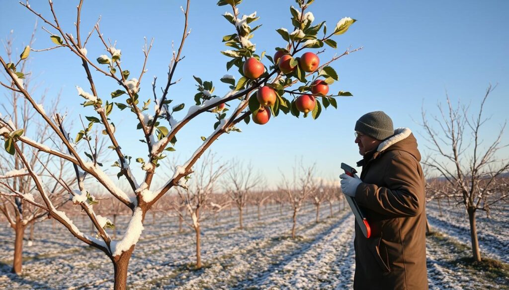 A serene winter landscape featuring a fruit tree assessment scene, showcasing a sturdy, well-pruned apple tree covered with a light dusting of snow. In the foreground, a knowledgeable horticulturist, dressed in a professional winter coat and gloves, examines the tree branches with a pruning saw and spray can in hand. In the middle ground, additional dormant fruit trees stand bare against a crisp, blue sky, their silhouettes defined by delicate frost. The background reveals a distant orchard with rows of trees, casting long shadows in the soft morning light. The atmosphere feels quiet and focused, highlighting the importance of tree care in winter. Utilize soft, natural lighting to enhance the peaceful, reflective mood of the setting.
