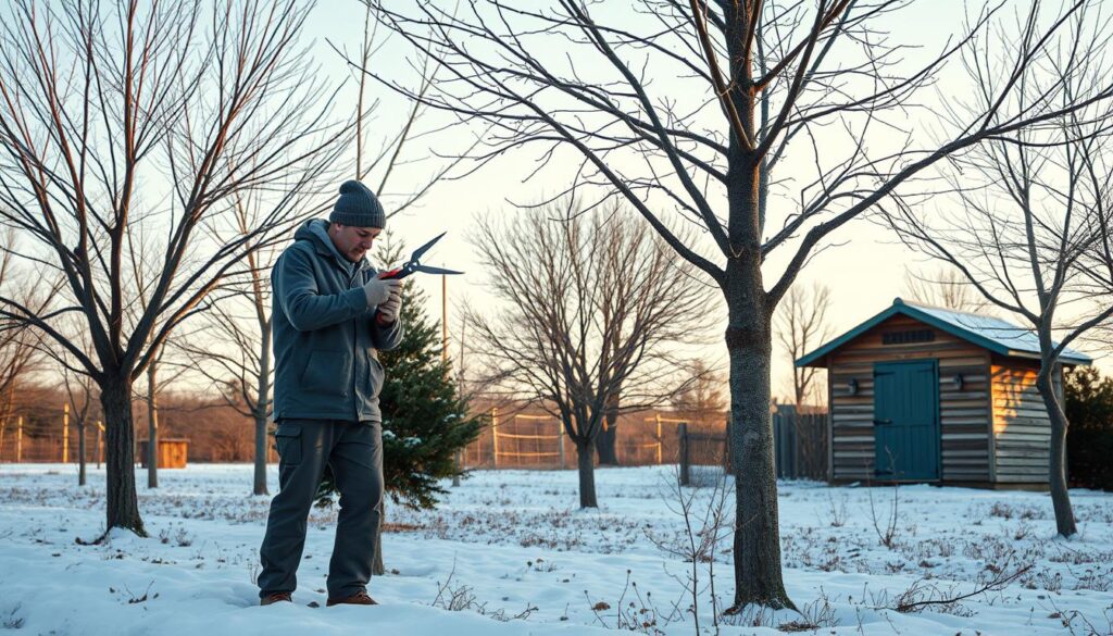 A serene winter orchard scene depicting dormant fruit trees, their bare branches silhouetted against a soft, blue sky. In the foreground, a gardener in modest casual clothing carefully prunes the trees with specialized pruning shears, demonstrating the essential care techniques. Snow lightly blankets the ground, creating a calm atmosphere, while gentle sunlight filters through the branches, casting soft shadows. The middle ground features several varieties of fruit trees, such as apple and peach, showcasing their unique bark textures. In the background, a quaint wooden shed, nestled amongst the trees, enhances the rustic feel of this peaceful maintenance activity. The composition captures the essence of winter dormancy, focusing on the importance of seasonal care in a tranquil natural setting.