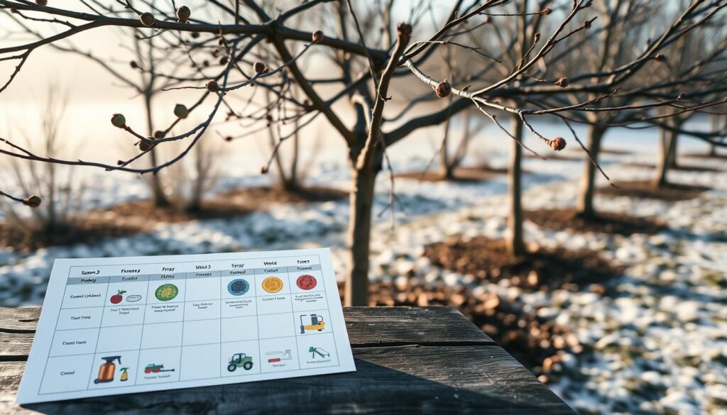 A tranquil scene depicting a dormant fruit tree in winter, showcasing its bare branches adorned with tiny buds, hinting at new life. In the foreground, a well-organized spray schedule chart is prominently displayed on a rustic wooden table, complete with colorful illustrations of fruit trees, equipment, and seasonal timelines. The middle ground features a serene garden setting with organic mulch and frost-kissed soil. In the background, soft winter sunlight filters through a light mist, casting gentle shadows. The mood is calm and focused, ideal for a gardening enthusiast preparing for seasonal care. The composition emphasizes clarity and organization, highlighting the importance of timing in fruit tree care, while ensuring a professional and inviting atmosphere.