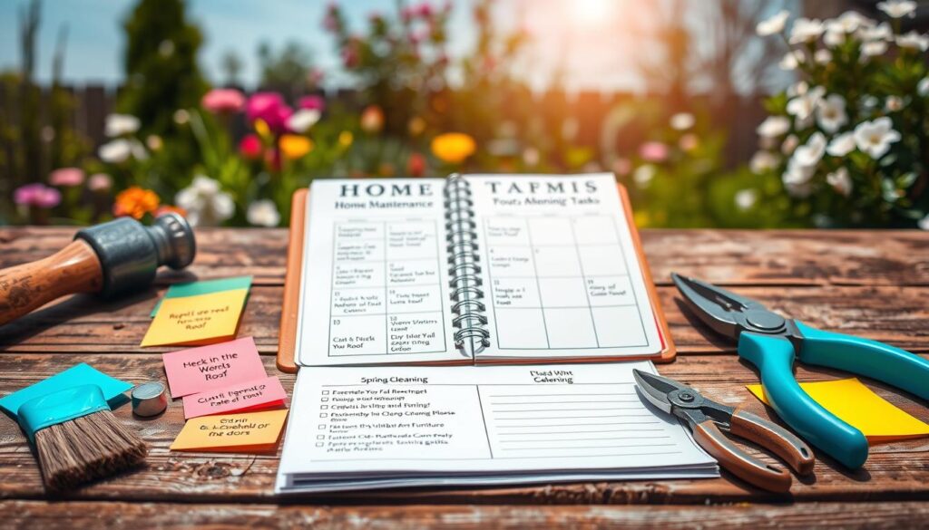 A visually appealing home maintenance schedule laid out on a rustic wooden table. The foreground features neatly arranged tools like a hammer, paintbrush, and garden shears alongside colorful sticky notes, each indicating tasks for repairing gutters, inspecting the roof, and cleaning outdoor furniture. In the middle, the opened schedule displays a calendar with entries for essential tasks like checking seals on windows and doors, alongside a checklist of spring cleaning tasks. The background subtly includes a sunlit garden with blossoming flowers and a clear blue sky, creating a fresh and rejuvenating atmosphere. Soft, natural lighting highlights the elements, enhancing the inviting, proactive mood intended for post-winter recovery. Focused shot with a slight depth of field to keep the schedule clear and prominent.
