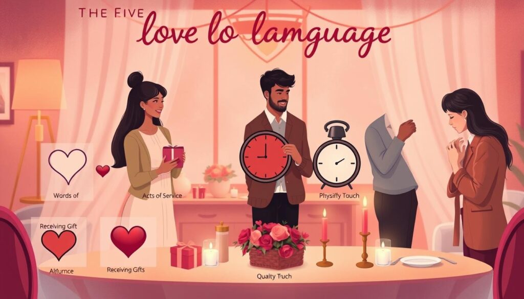 A warm and inviting illustration depicting the five love languages: Words of Affirmation, Acts of Service, Receiving Gifts, Quality Time, and Physical Touch. In the foreground, visually represent each love language with symbolic icons—like a heart-shaped note, a helping hand, a beautifully wrapped gift, a clock, and a gentle embrace. The middle ground features diverse couples engaged in meaningful gestures that reflect these languages, dressed in comfortable yet professional attire. The background showcases a cozy setting with soft, ambient lighting, evoking a sense of intimacy and connection, like a romantic dinner table adorned with candles and flowers. Capture a warm color palette with soft hues of red and pink, enhancing the overall mood of love and celebration.