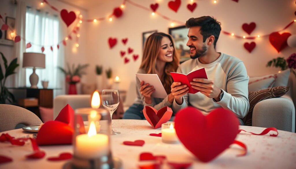 A warm and inviting scene showcasing classic Valentine's Day traditions that strengthen relationships. In the foreground, a heart-shaped table set with elegant red and white decorations; a candle flickers softly, casting a gentle glow on a romantic dinner for two. In the middle, a couple in modest casual attire share a joyful moment exchanging heartfelt gifts, such as handwritten love letters and a small bouquet of roses. The background features a cozy living room adorned with streamers, heart garlands, and soft lighting that enhances a loving atmosphere. The image captures a close-up perspective, focusing on the couple's smiles and the intimacy of the moment, with a warm color palette that evokes feelings of love and connection.