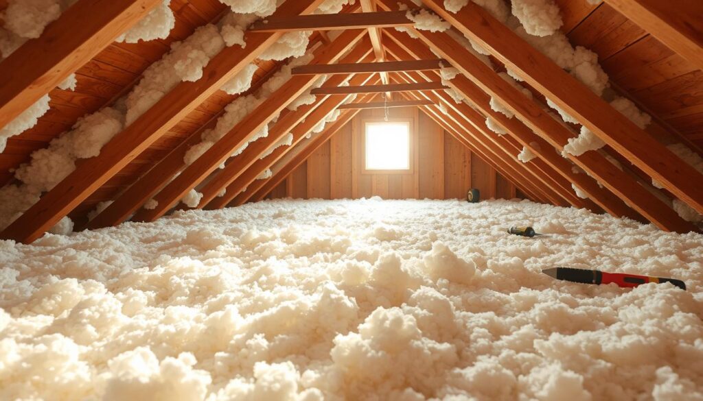 A well-lit attic filled with bright, fluffy insulation material, showcasing its effectiveness in maintaining temperature. In the foreground, rolls of insulation are neatly arranged, emphasizing their texture and fibers. The middle ground features a vast expanse of the attic's wooden framework, with beams and rafters visible, reinforcing the rustic ambiance. Soft natural light filters through a small window, casting warm hues and gentle shadows across the scene, adding depth. The background reveals a few scattered tools like a tape measure and a utility knife to hint at ongoing maintenance work. Overall, the mood is one of cozy preparedness, highlighting the importance of attic insulation in home safety and comfort.
