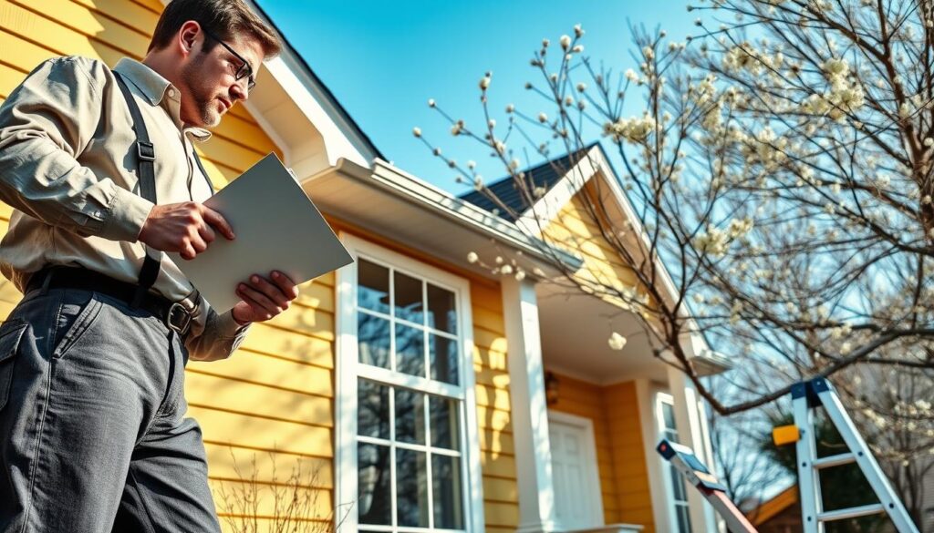A well-maintained home's exterior showcasing vibrant siding during early spring. In the foreground, a professional contractor in a smart-casual outfit inspects the siding with a clipboard and a paint sample in hand. The middle ground features a close-up of the textured siding, highlighting its clean lines and freshly painted surface, with tools like a paintbrush and ladder nearby. In the background, budding trees and clear blue skies symbolize the transition to spring. Soft, natural lighting illuminates the scene, creating an inviting and fresh atmosphere. The photo is taken from a slightly low angle to emphasize the height of the house and the effort involved in maintenance while maintaining a crisp, high-resolution quality.