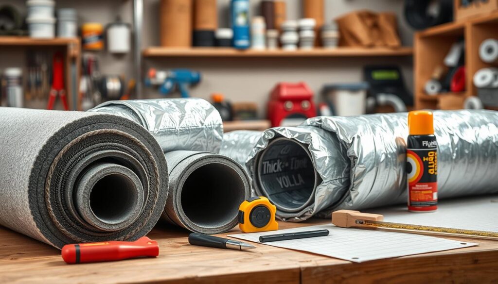 A workspace featuring various pipe insulation materials, prominently displayed in the foreground. Include thick foam pipe insulation rolls, reflective aluminum foil wraps, and fiberglass insulation, arranged neatly on a sturdy workbench. In the middle ground, showcase tools like a utility knife, measuring tape, and adhesive spray, creating a practical atmosphere. The background should be a blurred interior of a workshop with plumbing supplies and shelves stocked with related materials. Use soft, natural lighting to create a warm and inviting mood, highlighting the textures of the insulation materials. Capture the scene from a slightly elevated angle, lending depth and perspective to the composition, all while ensuring a focus on the essential tools and materials vital for effective pipe protection. A workspace featuring various pipe insulation materials, prominently displayed in the foreground. Include thick foam pipe insulation rolls, reflective aluminum foil wraps, and fiberglass insulation, arranged neatly on a sturdy workbench. In the middle ground, showcase tools like a utility knife, measuring tape, and adhesive spray, creating a practical atmosphere. The background should be a blurred interior of a workshop with plumbing supplies and shelves stocked with related materials. Use soft, natural lighting to create a warm and inviting mood, highlighting the textures of the insulation materials. Capture the scene from a slightly elevated angle, lending depth and perspective to the composition, all while ensuring a focus on the essential tools and materials vital for effective pipe protection.