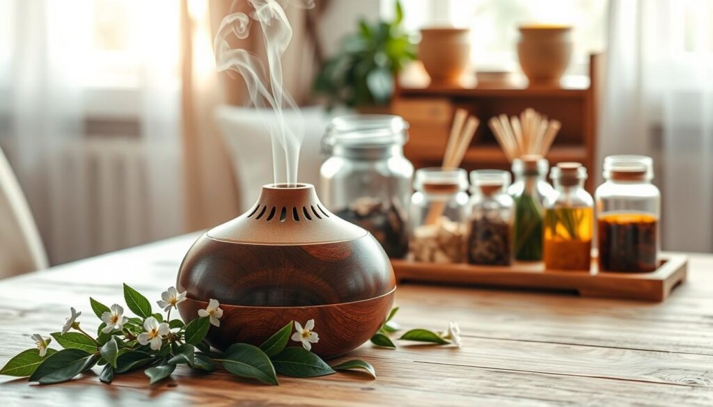 An aesthetically pleasing arrangement of patchouli diffuser blends, showcasing elegant glass bottles filled with rich brown and green essential oils. In the foreground, include a beautiful wooden diffuser emitting gentle wisps of fragrant steam, surrounded by fresh patchouli leaves and delicate white flowers. The middle layer features a softly lit, rustic wooden table that adds warmth, while glass jars containing various herbs and spices are artfully arranged. In the background, hint at a cozy, softly lit room with a tasteful, neutral color palette and gentle sunlight filtering through sheer curtains, creating a calming atmosphere. The overall mood should evoke tranquility and refinement, emphasizing the unique and earthy qualities of patchouli as a home fragrance. Use warm, natural lighting to enhance the inviting feel of the scene, captured from a slightly elevated angle for depth.