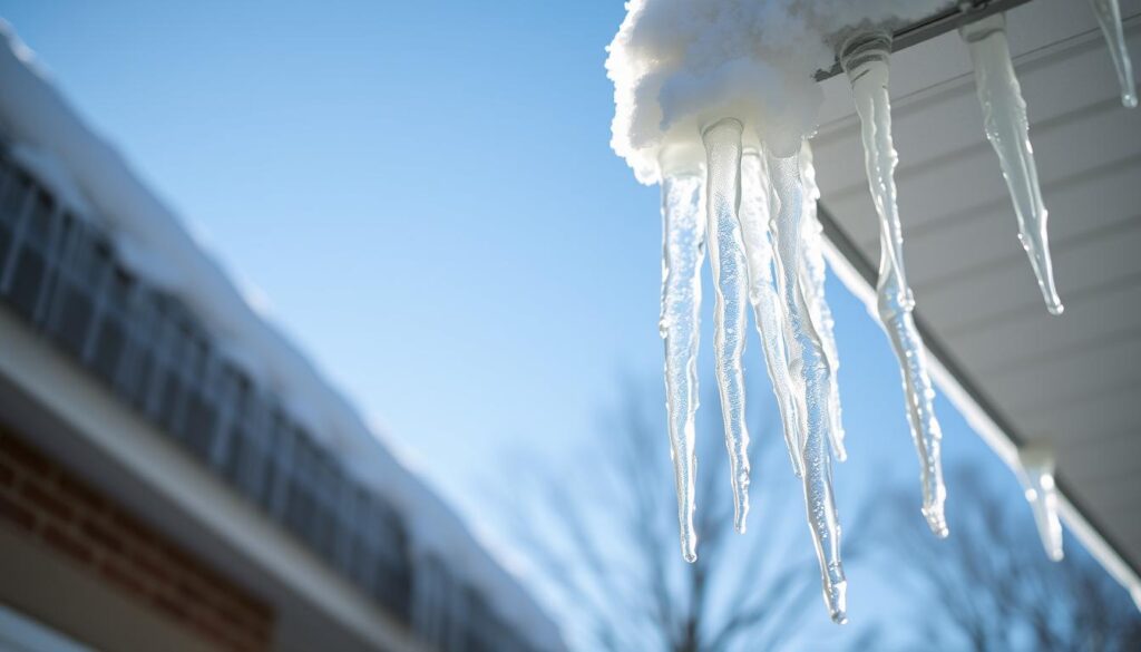 Sparkling icicles hanging delicately from the edge of a snow-covered roof, glistening in the soft morning sunlight. In the foreground, each icicle is detailed, showcasing their crystalline structures and shimmering reflections. The middle ground features the roofline adorned with snow, emphasizing the wintery scene while subtle melting hints promise the arrival of spring. In the background, a clear blue sky serves as a contrasting backdrop, enhancing the vibrant colors of the icicles. The atmosphere is serene and peaceful, capturing the cold beauty of winter while hinting at the necessary maintenance for a safer spring. The lighting is bright yet soft, evoking a tranquil vibe, with a focus on clarity and detail in the icy formations.