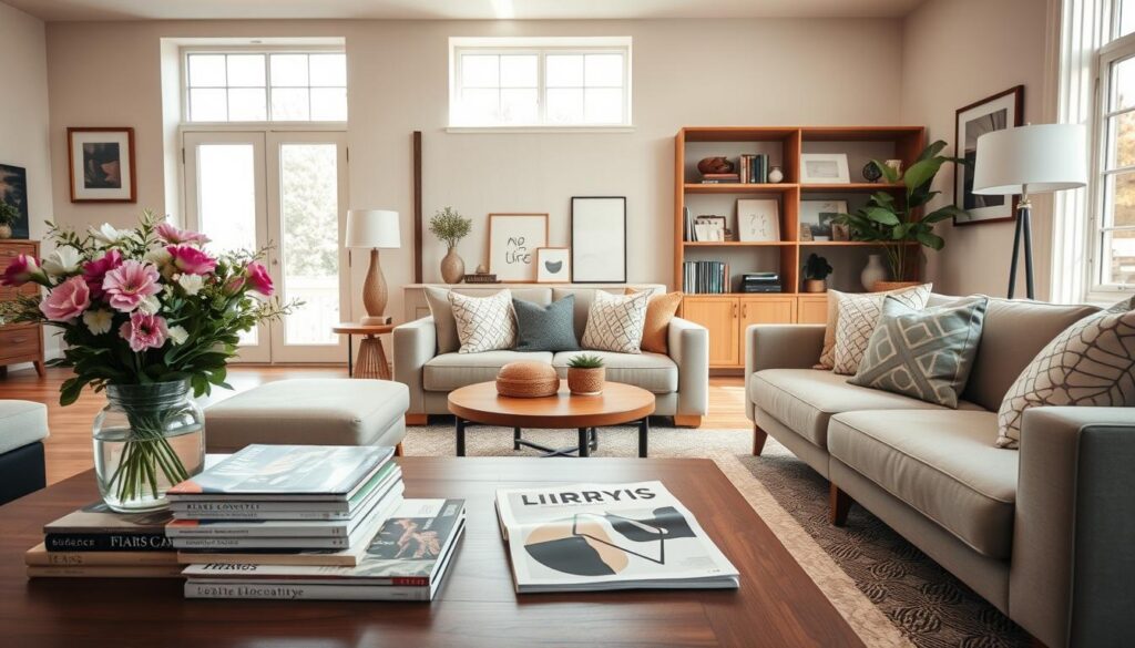 A beautifully staged living room, showcasing a cozy, modern atmosphere ideal for home buyers. In the foreground, a stylish coffee table with a fresh bouquet of flowers and a stack of design magazines. The middle ground features inviting, plush seating arranged to encourage conversation, complemented by decorative throw pillows. Soft, natural light pours in through large windows, illuminating a tastefully arranged bookshelf filled with artful décor. The background displays a warm, neutral color palette, creating an inviting ambiance. The scene conveys a sense of tranquility and sophistication, emphasizing the idea of first impressions. Use a wide-angle lens to capture the full essence of the room from a slightly elevated angle, enhancing the spacious feel without overwhelming details.