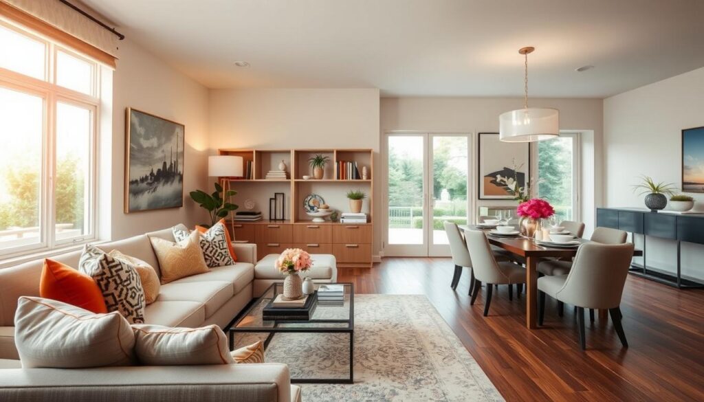 A beautifully staged living room showcasing the transformative effects of professional home staging. In the foreground, a cozy seating area features a stylish, neutral-colored sofa adorned with vibrant throw pillows and a chic coffee table set with decorative items. In the middle ground, a bright and airy atmosphere is created by large windows that let in soft, natural light, highlighting tasteful artwork on the walls and a carefully arranged bookshelf. The background includes a tastefully set dining area, featuring a modern dining table with elegant table settings and fresh flowers. The room has an inviting and warm mood, reflecting a sense of comfort and sophistication. The scene is captured with a warm color palette and soft focus, emulating a professional real estate photography style.