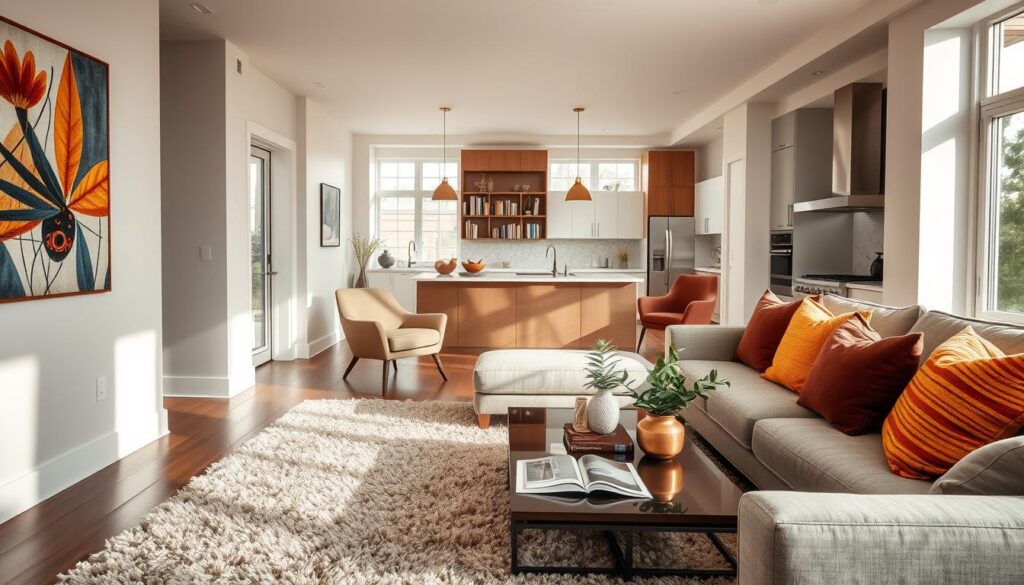 A beautifully staged living room with a modern aesthetic, featuring a plush area rug, a stylish sofa adorned with colorful throw pillows, and an elegant coffee table set with a magazine and a decorative plant. In the foreground, a tasteful artwork hangs on the wall. The middle of the room showcases a cozy reading nook with a sleek bookshelf filled with books and a comfortable armchair. Natural light floods in through large windows, highlighting the soft textures and inviting decor. In the background, an open-concept kitchen reveals gleaming countertops and contemporary appliances, creating a harmonious flow. The overall atmosphere is warm and welcoming, ideal for attracting potential buyers. Use a wide-angle lens effect to emphasize space, and ensure the scene is well-lit to convey an inviting ambiance.